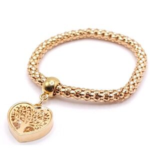 Gold Tone Tree of Life Bracelet Heart Charm Popcorn Chain Stretch